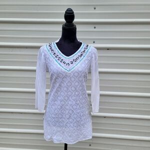 Sahiba Womens White Cotton Tunic Top Embroidered 3/4 Sleeve Beaded sz M